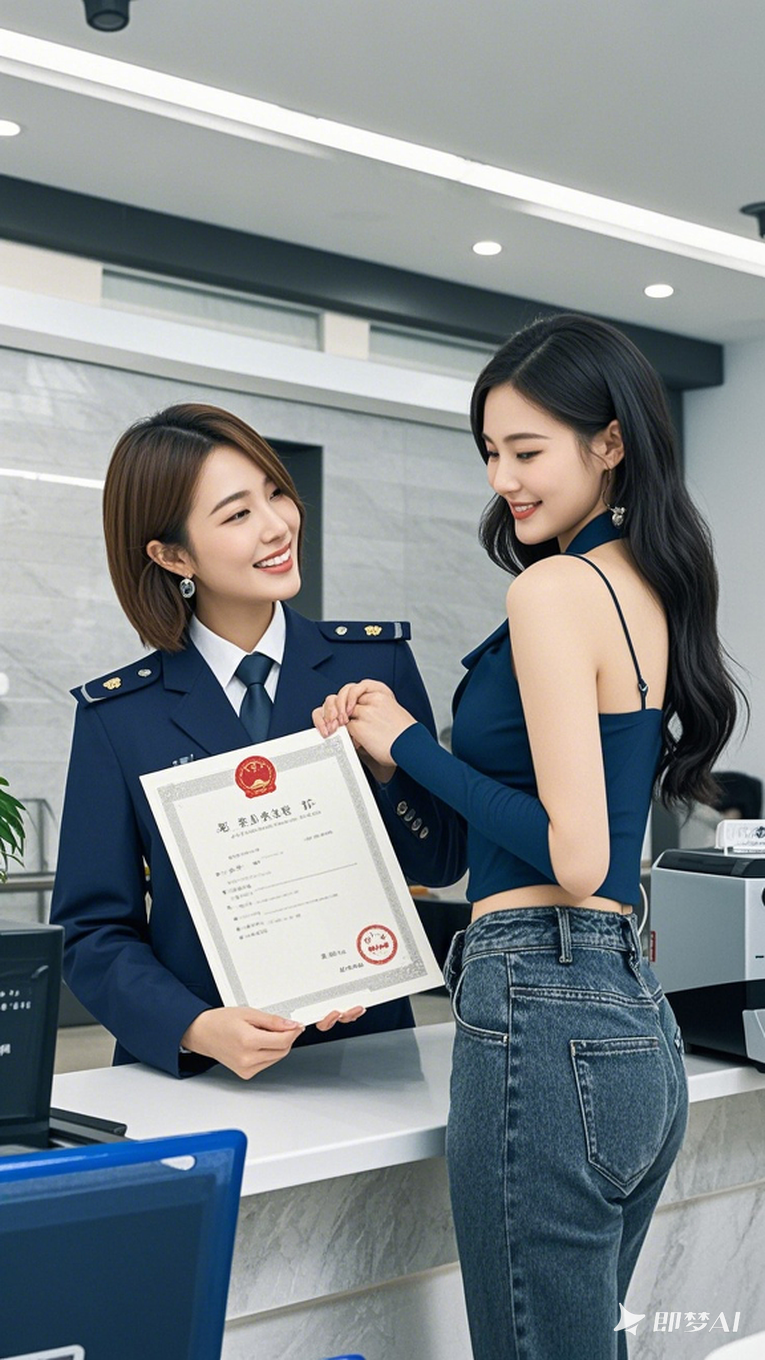 性感美女高興的手持營業執照，旁邊站著可愛美女工作人員，在市場監督管理局大廳 (2)